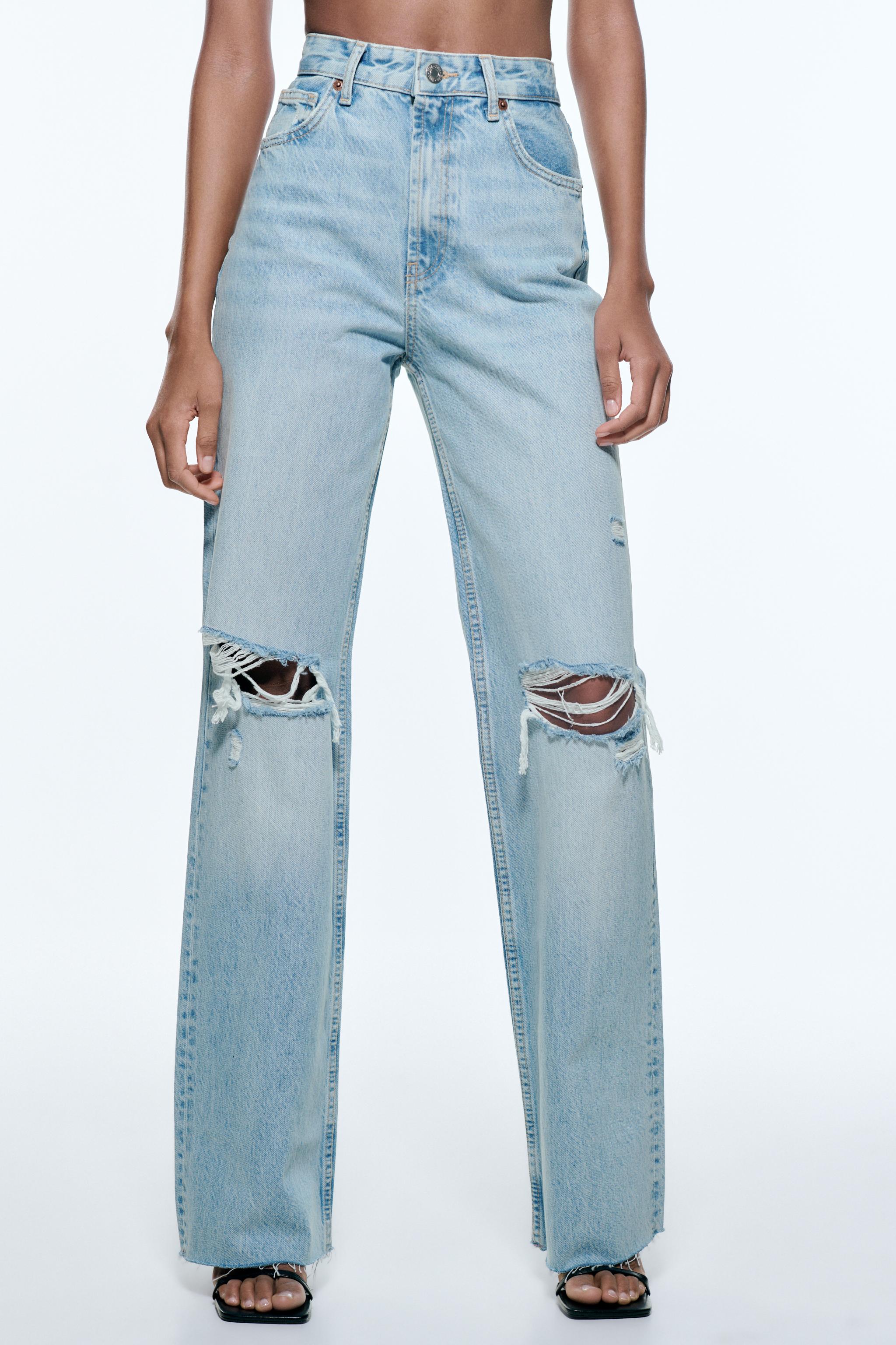 WIDE LEG RIPPED TRF JEANS Light blue ZARA United Kingdom